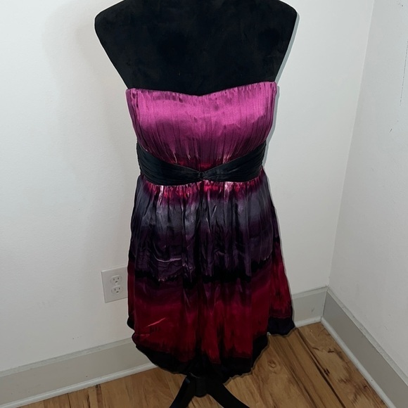 BEBE ombré pleated strapless top draped bottom 100% silk dress Sz L - Picture 1 of 8